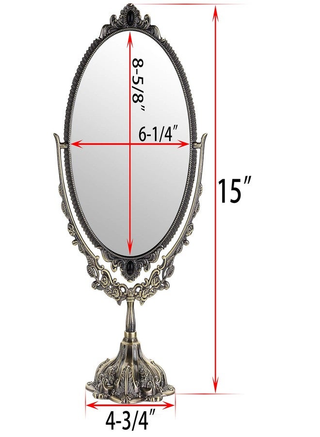 JUXYES Metal Tabletop Antique Decorative Makeup Mirror with Stand, Vintage Swivel Double Sided Cosmetic Mirror with Frame, Retro Desktop Oval Dressing Mirror for Bathroom Bedroom - Image 2